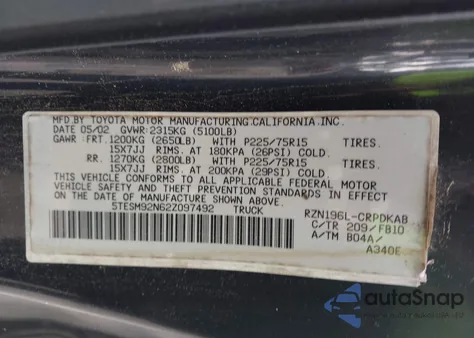 2002 Toyota Tacoma Prerunner z USA, uszkodzony, nr VIN 5TESM92N62Z097492